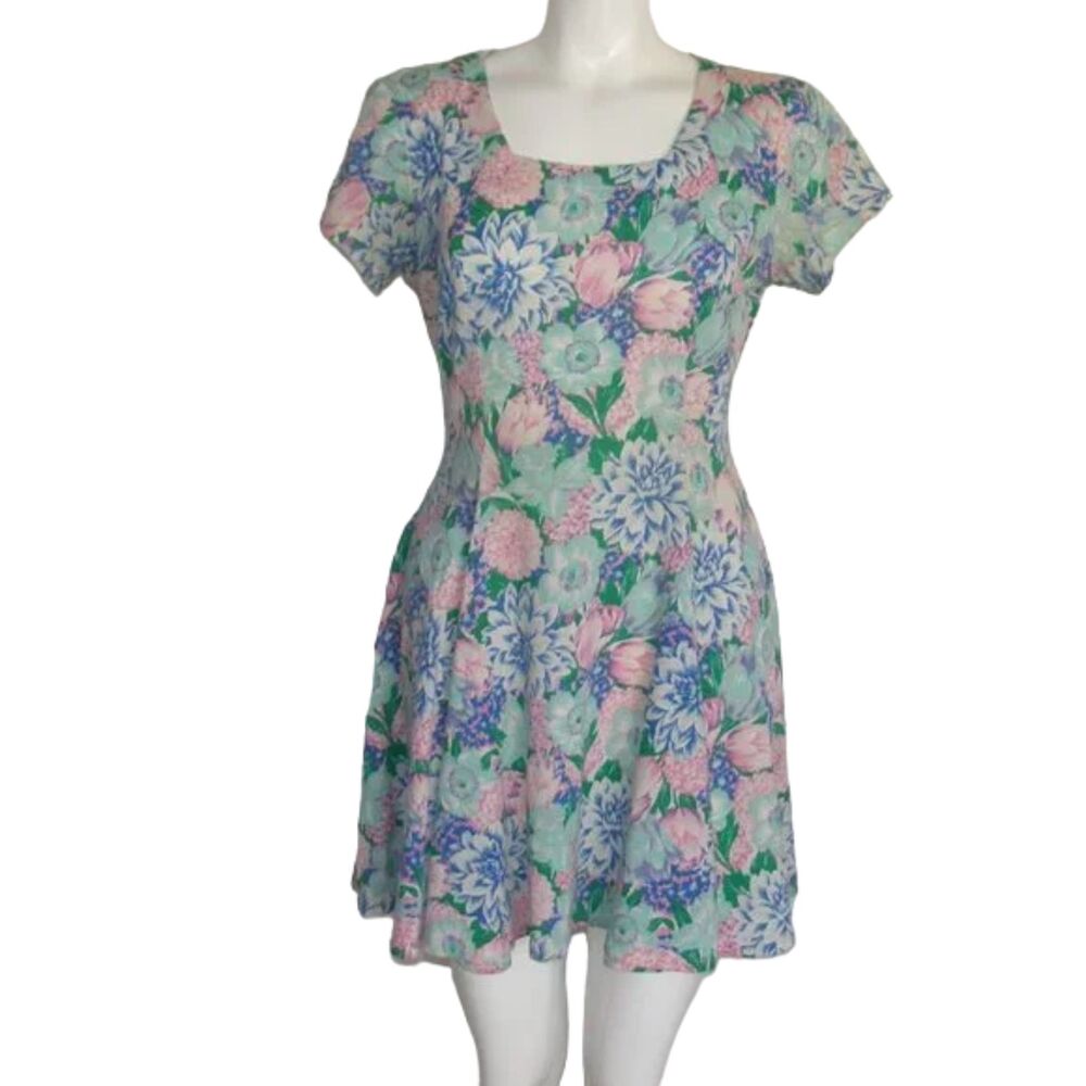 VINTAGE Skater MIni Dress, S, Multicolor Floral, Short sleeves,  Square neck - Picture 9 of 13